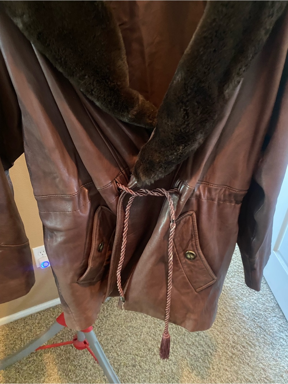 Women's Brown Leather Coat with Faux Fur Collar